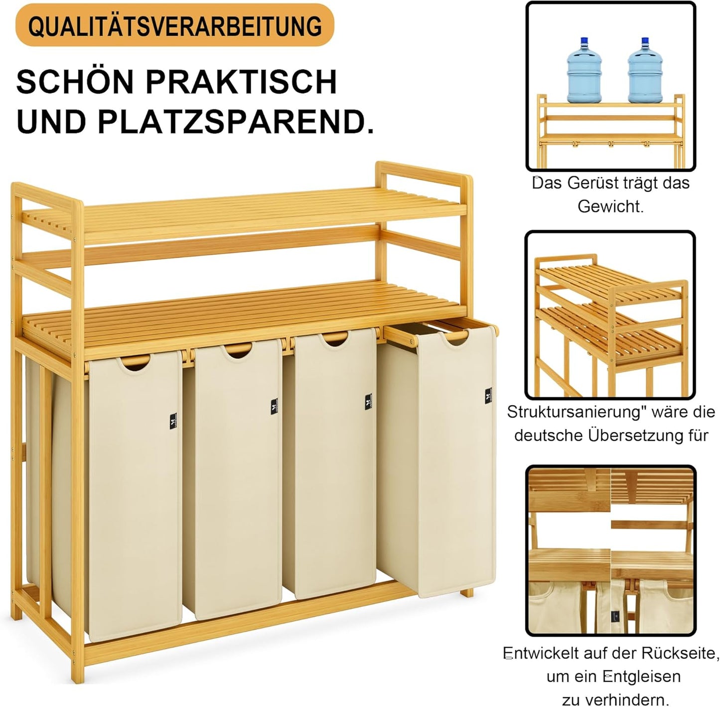AdelDream Wasmand, 200 liter, 4 vakken, uittrekbare en afneembare waszak, wasmand, bamboe frame, wasmand, wasmand, wasmand, wasmand, wasmand, wasmand, wassorteerder, bamboe (beige-12-8)