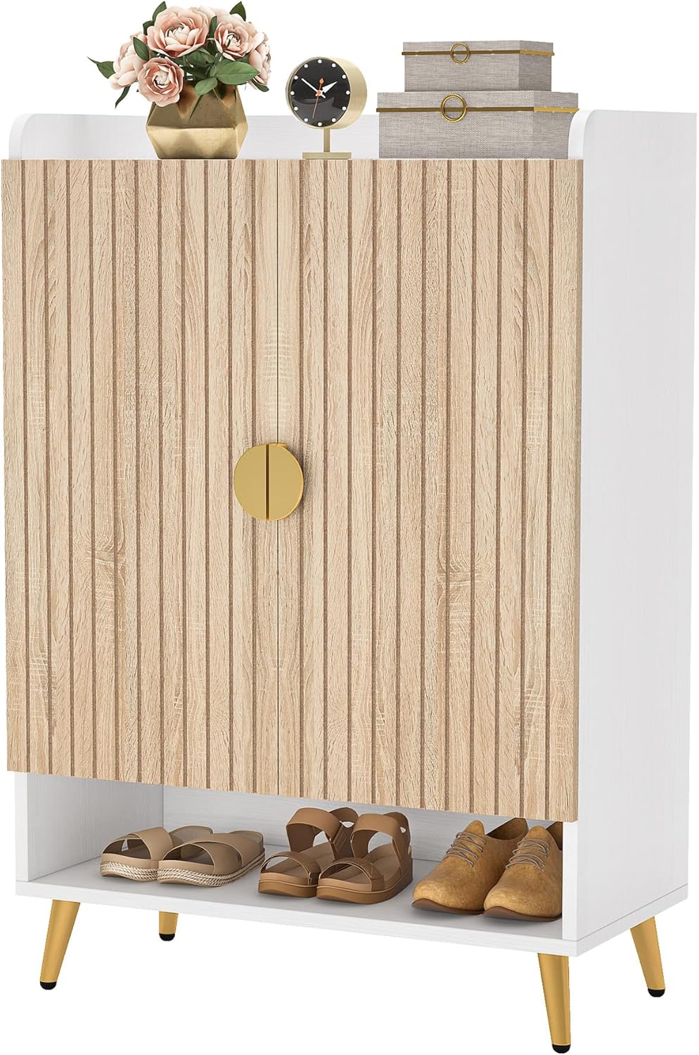 Tribesigns Shoe Cabinet with Doors, 7 Tier Shoe Storage Cabinet with Adjustable Shelves, Wooden Shoe Rack, Shoe Storage for Entrance, Hallway, Closet, Living Room, Wood and Gold
