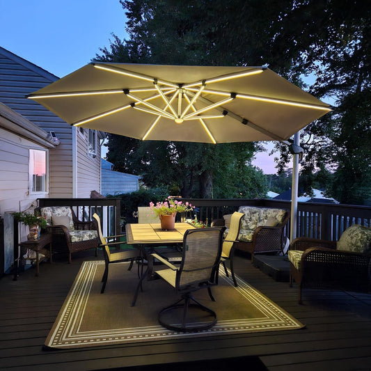 PURPLE LEAF Parasol met led-zonverlichting, zweefparasol, Ø 330 cm, marktscherm, groot, 360 graden rotatie, tuinscherm met zwengel, balkonscherm XXL, zonwering UV50+, beige