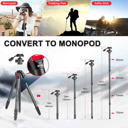 Koolstofvezel Camerastatief – Reisstatief – Fotostatief – Videostatief – Monopod – 360° Balhoofd – Opgevouwen Slechts 6,8 Cm Breed