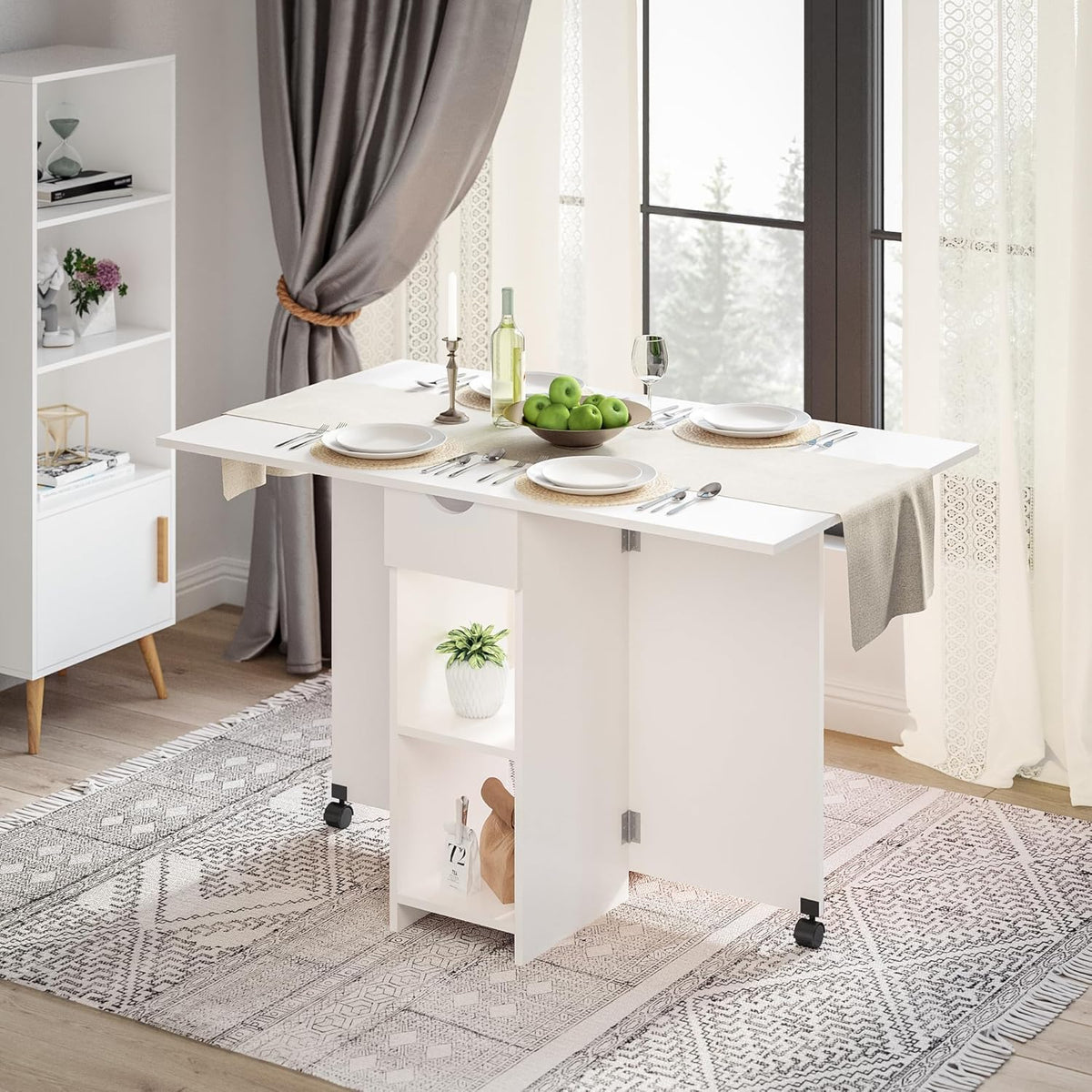 Mondeer Mobiele klaptafel, inklapbare eettafel, geschikt voor kleine ruimtes met 1 lade en 2 planken voor eetkamer en keuken, wit H1071KT01WT 72 x 120 x 75 cm
