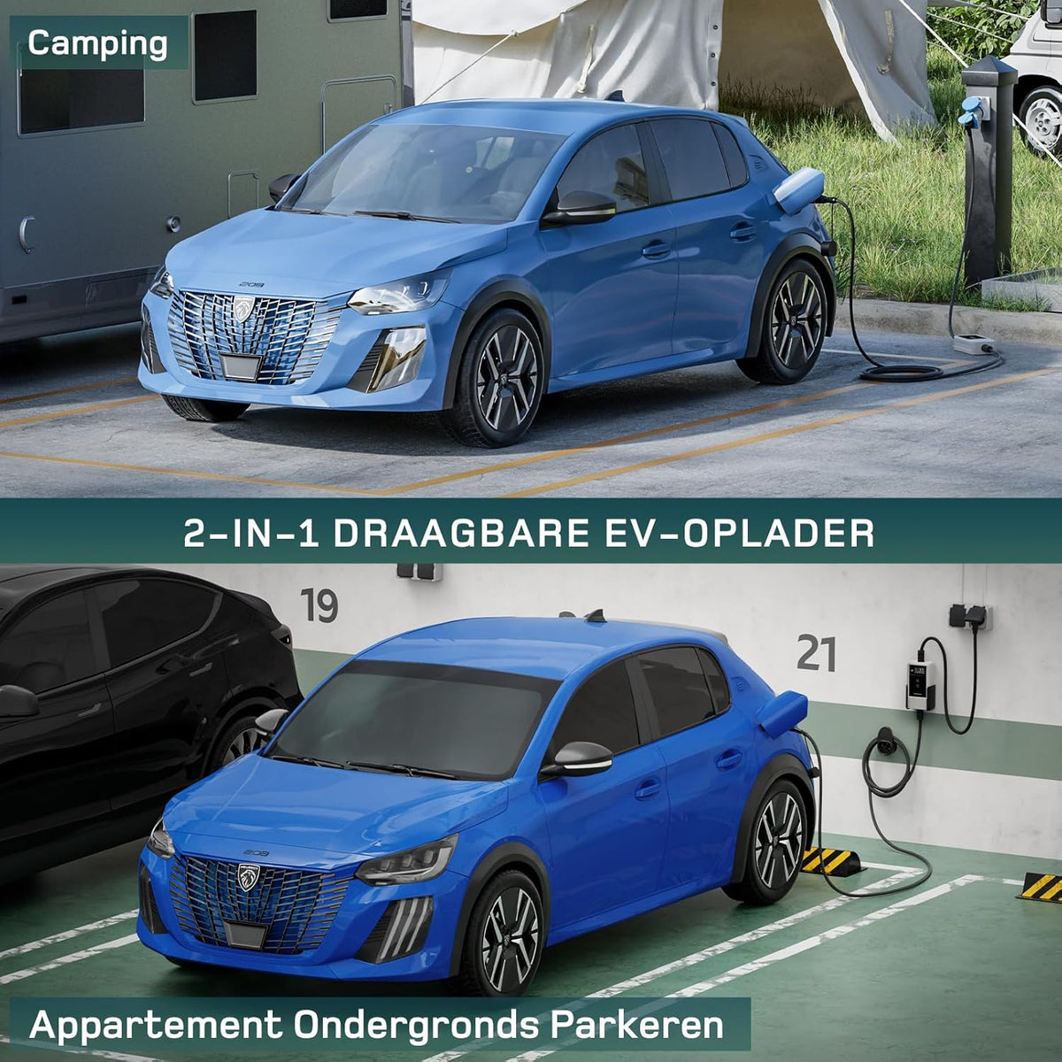 dé EV Charger Type 2 met APP 3,7kW [10m, 1-Fase, 6-16A] Thuislader Type 2 Wit met Digitaal Display, Instelbare Stroom, EV Oplader 3,7kW voor Model Y/3, ID.3/4, EX30, Enyaq en andere EV/PHEV