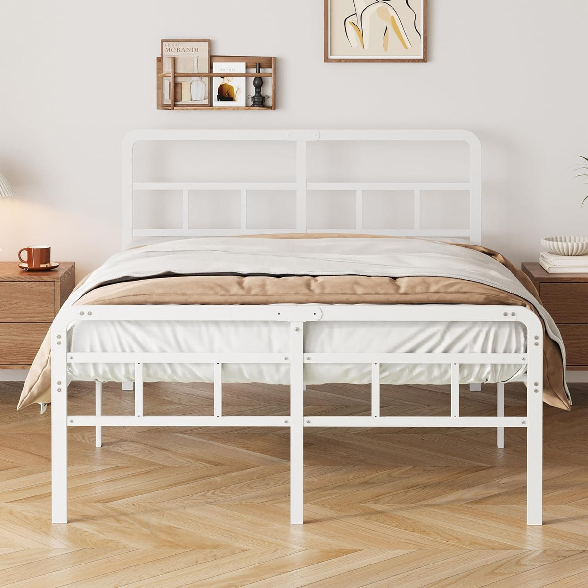 Bedframe 160 x 190 met Hoofdbord en Voeteneind, 46 cm Hoogte Metaal Tweepersoonsbed met Zware Metalen Lattenbodem, Minimalistisch Ontwerp, Eenvoudig te Monteren, Geluidsarm, Wit