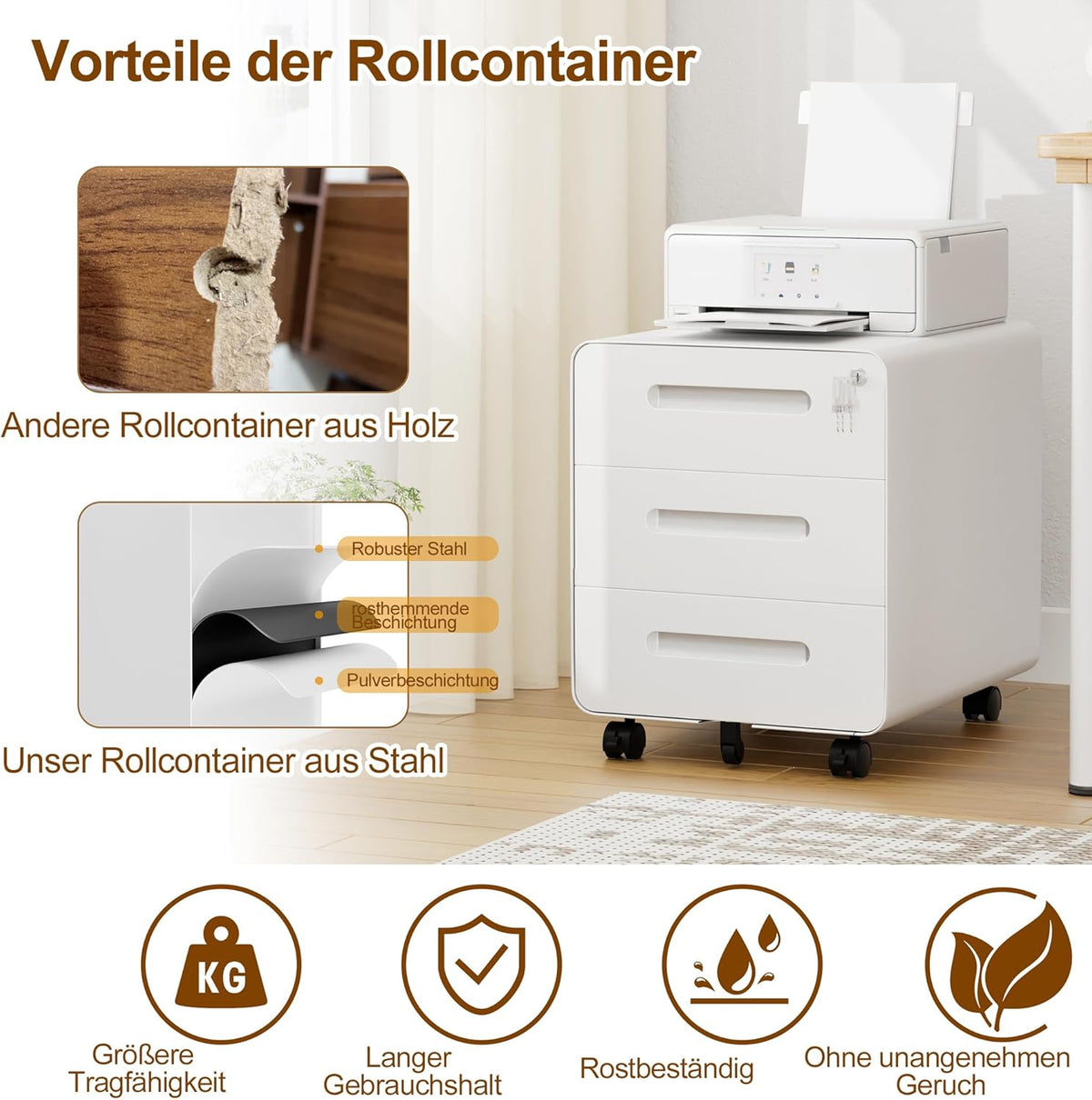 Rolcontainer, mobiele archiefkast met slot, afgeronde hoeken, 4 sleutels, 3 laden, printertafel, reeds voorgemonteerd, voor kantoor, thuiskantoor, 46B x 40D x 50H cm, Wit