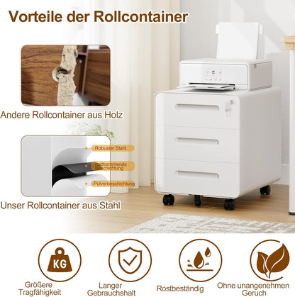 Rolcontainer, mobiele archiefkast met slot, afgeronde hoeken, 4 sleutels, 3 laden, printertafel, reeds voorgemonteerd, voor kantoor, thuiskantoor, 46B x 40D x 50H cm, Wit