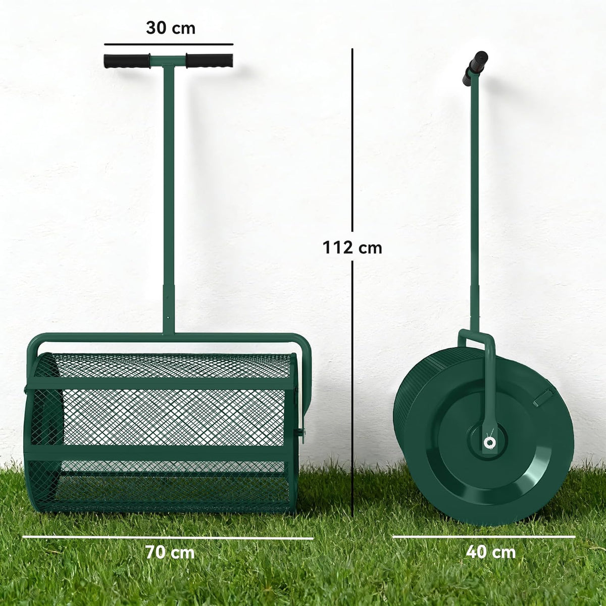 Outsunny Compost Spreader, 24" Peat Moss Spreader with Height Adjustable T Shaped Handle and Metal Mesh Basket, Garden Spreader for Seeding, Spreading Manure, Green - QUORE