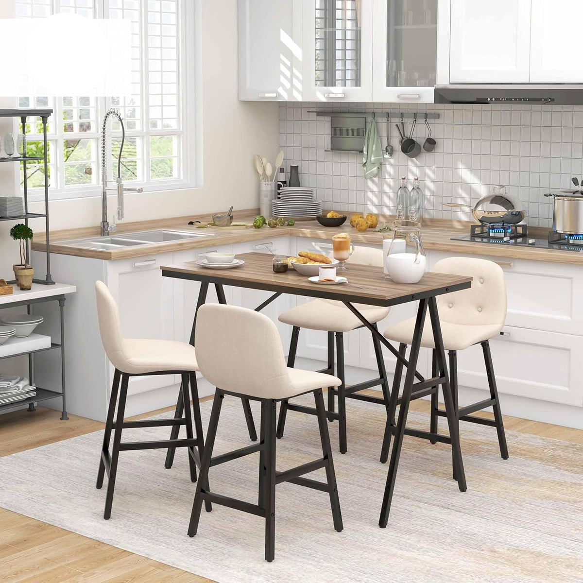 Bartafelset – Barset – Bistroset – Hoektafel – Barkrukken – Industrieel Design – 120x60x91 cm – Stalen Frame – Beige