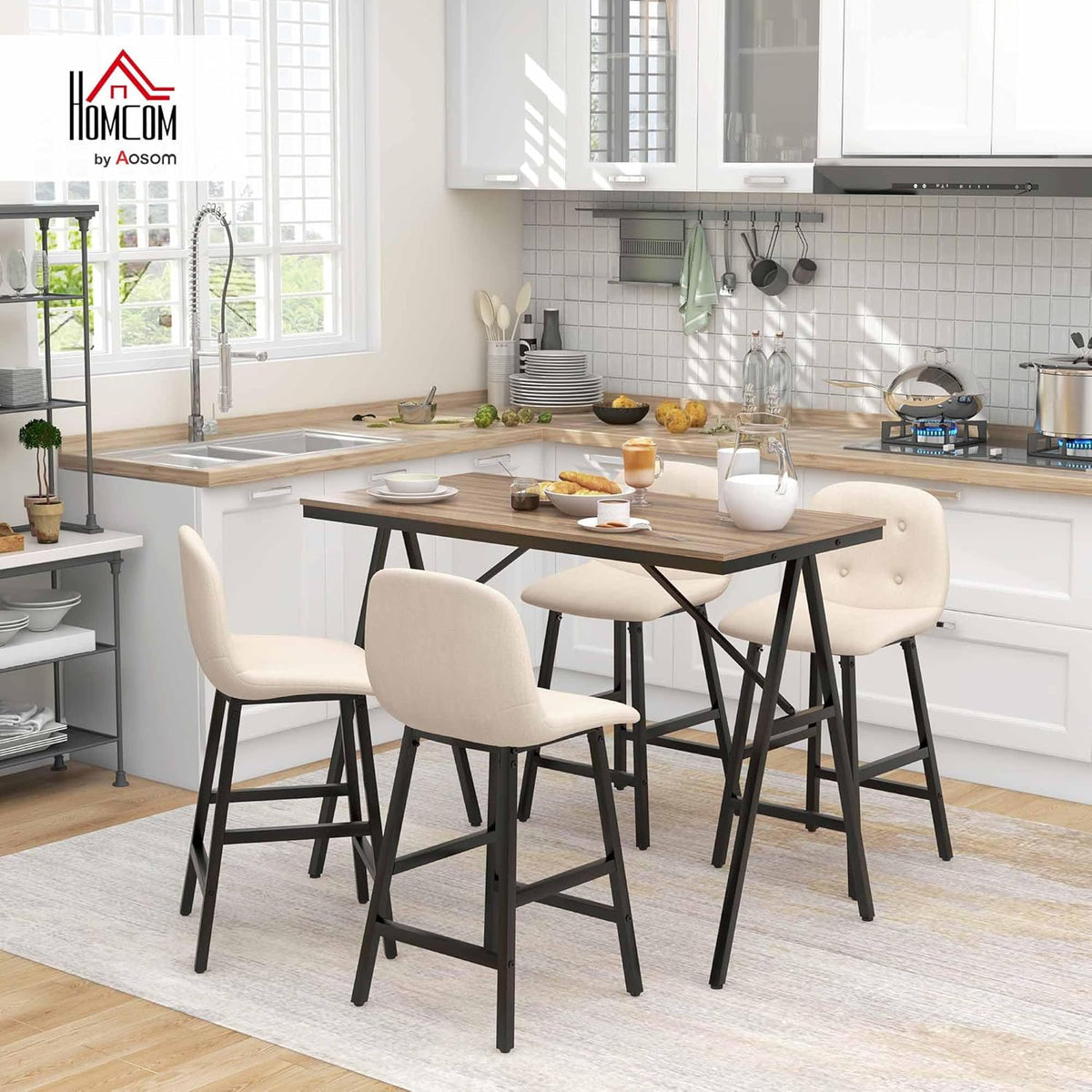 HOMCOM Bartisch mit Barhocker Set, 5-teilige Essgruppe, Küchentisch, Bistrotisch mit 4 Pieces, Bartisch Set für Küche, Wohnzimmer, Stahl, Beige, 120 x 60 x 91 cm - QUORE