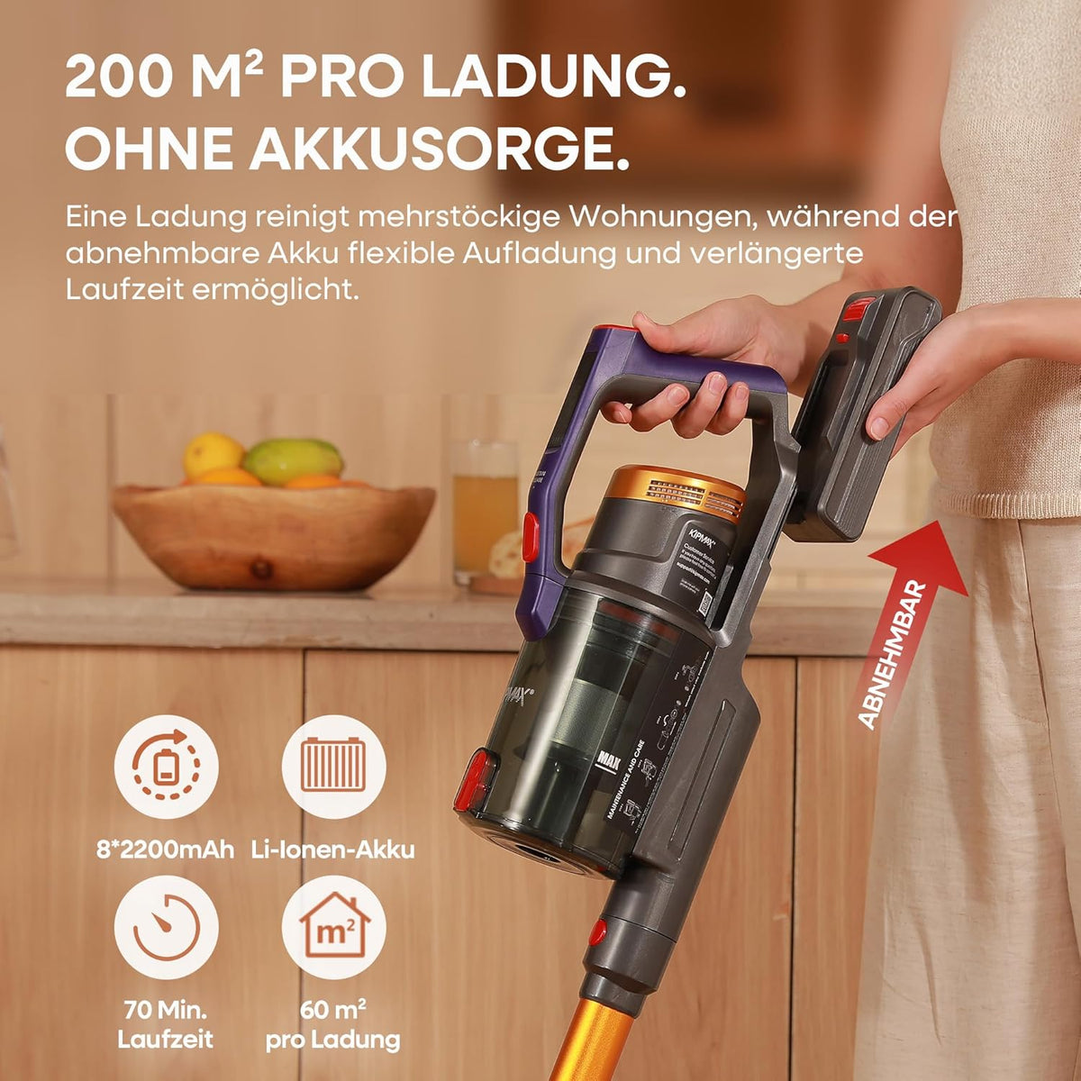 KIPMAX Accustofzuiger, 50000 Pa/550 W/70 min, 1,5 l, draadloze stofzuiger met display, anti-klitborstel, 7-laags filtra en 2 geurplaten, zelfstaande accustofzuiger voor tapijten, dierenharen, harde
