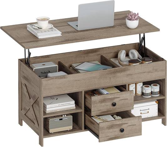 Hzuaneri Coffee Table, Height Adjustable Coffee Table, 2 Drawers and Hidden Storage with Folding Top, 50 x 100 x 47.3 cm, Suitable for Living Room, Dining Room, Camel Brown-Black CT22123B