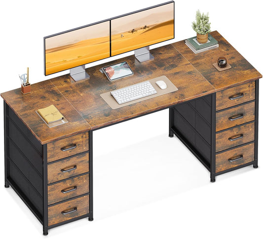 Coleshome Bureau met 8 Stoffen Laden, 140 x 48 cm, Bruin Bureau met Opbergruimte, Computertafel, Bureautafel, PC-Tafel, Kantoortafel voor Kantoor, Woonkamer, Thuiskantoor