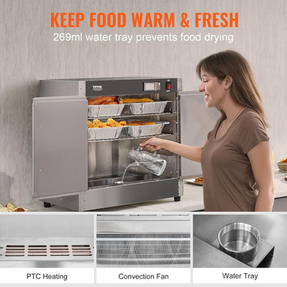 VEVOR Voedselwarmer, 4-traps snackverwarmer met waterbak, 4 pannen en dubbele deur en verstelbare planken, voedselverwarmingskast van roestvrij staal, ideaal voor het opbergen van pizza en kip