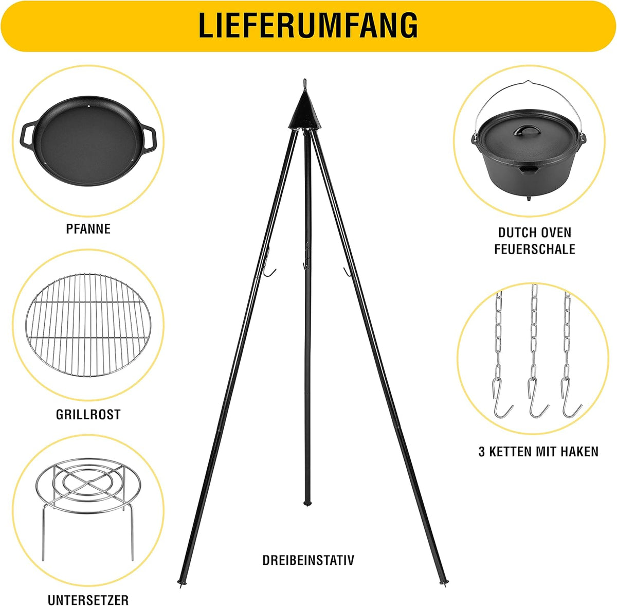 Bruzzzler Zwenkgrill met driepoot, draaibare grill met via kettingtrekkoord in hoogte verstelbaar grillrooster, voor thuis en onderweg, eenvoudig te gebruiken, Dutch Oven als vuurschaal te gebruiken