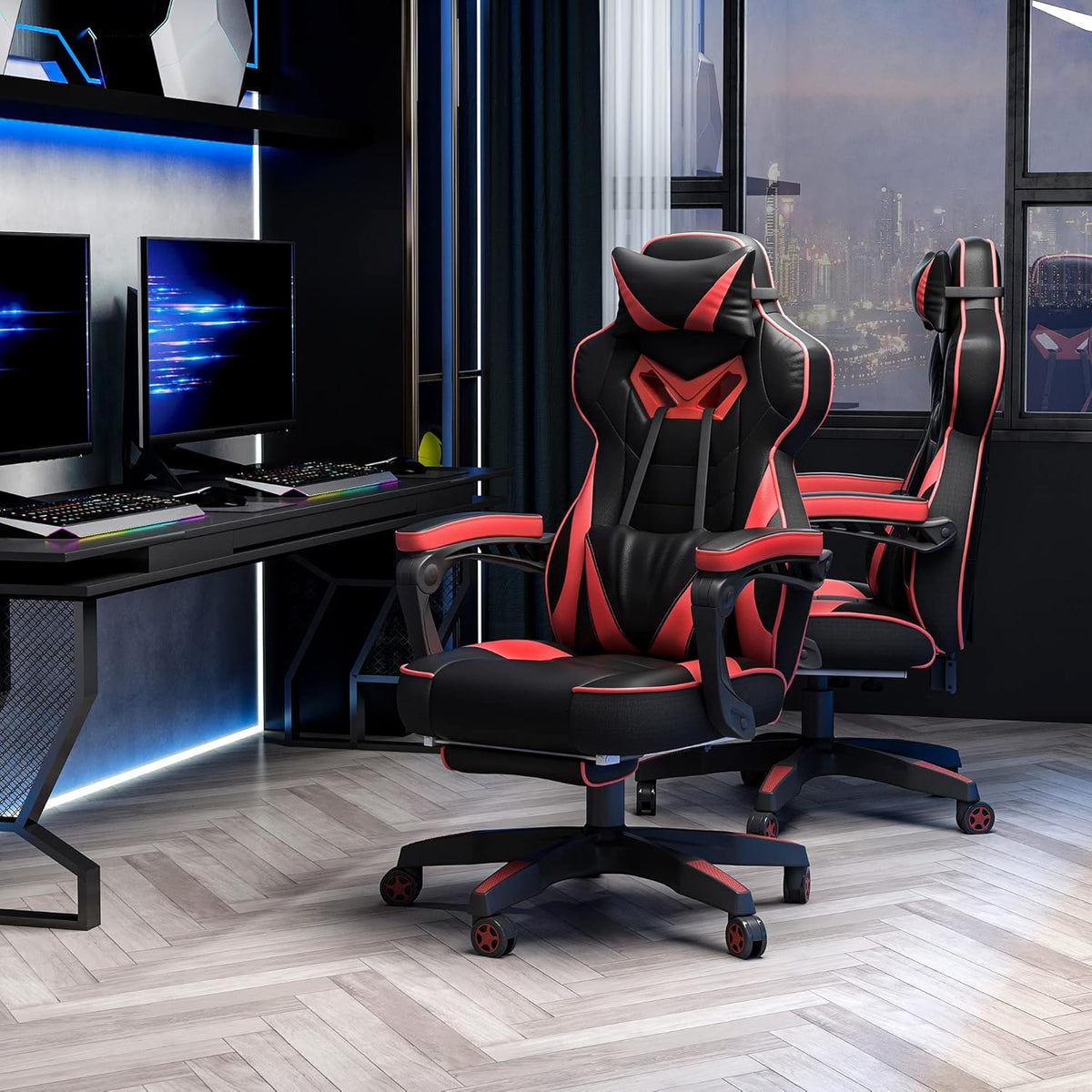Vinsetto Ergonomic Gaming Chair, Comfortable Office Chair with Footrest, Headrest and Lumbar Cushion, Height Adjustable, Black and Red - QUORE