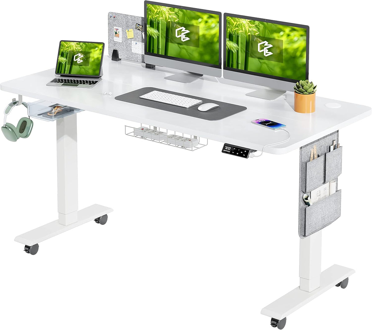 MAIDeSITe Height Adjustable Desk (140 x 70cm) Easy to Assemble Desk Height Adjustable Electric with 4 Memory Buttons and Memoboard and 360° Wheels Desk SN1 - QUORE