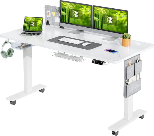 MAIDeSITe Height Adjustable Desk (140 x 70cm) Easy to Assemble Desk Height Adjustable Electric with 4 Memory Buttons and Memoboard and 360° Wheels Desk SN1 - QUORE