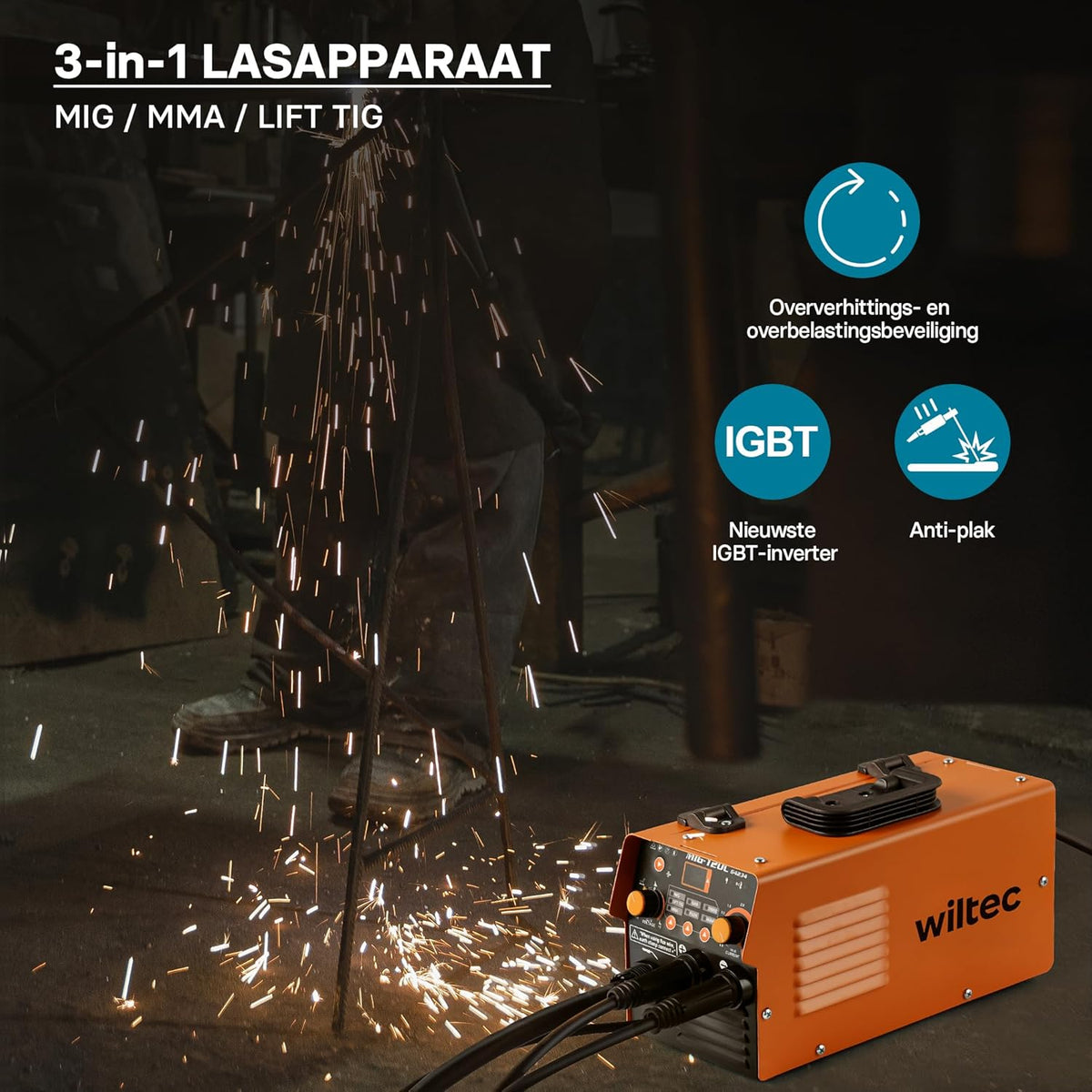 XPOtool digitaal lasapparaat IGBT 120 A v. MIG-, MMA-/E-Hand-, Flux-/vuldraad-,WIG-/TIG-lassen FCAW