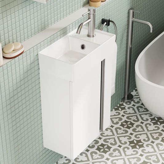 Badkamermeubel 40 cm Met Wastafel – Kleine Wastafelkast Met Opbergruimte Voor Gastentoilet, Ruimtebesparend, Matwit