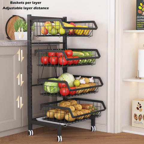 Groenterek - Keukenwagen - Stapelbare Fruitmand - Opbergwagen - met Afsluitbare Wielen - voor Badkamer - Keuken - Kantoor - Koolstofstaal - 39.2 x 31.3 x 87.5 cm - Zwart
