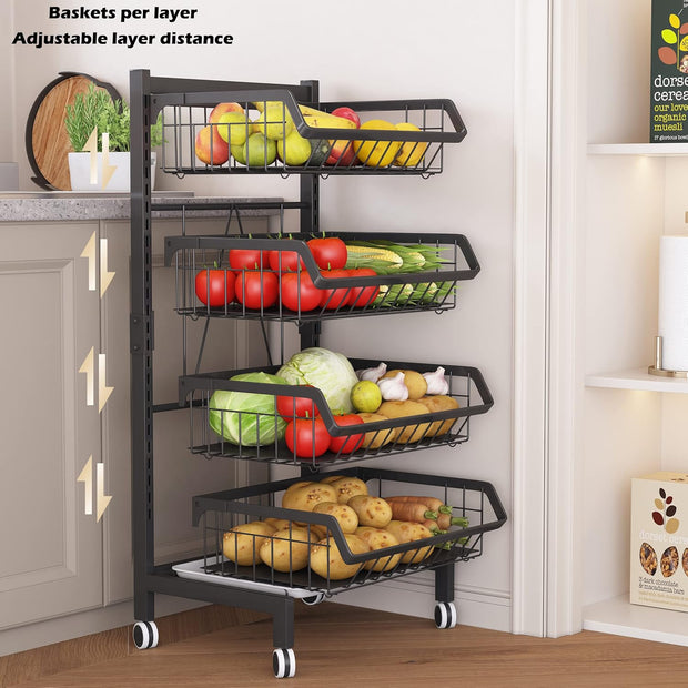 Groenterek - Keukenwagen - Stapelbare Fruitmand - Opbergwagen - met Afsluitbare Wielen - voor Badkamer - Keuken - Kantoor - Koolstofstaal - 39.2 x 31.3 x 87.5 cm - Zwart