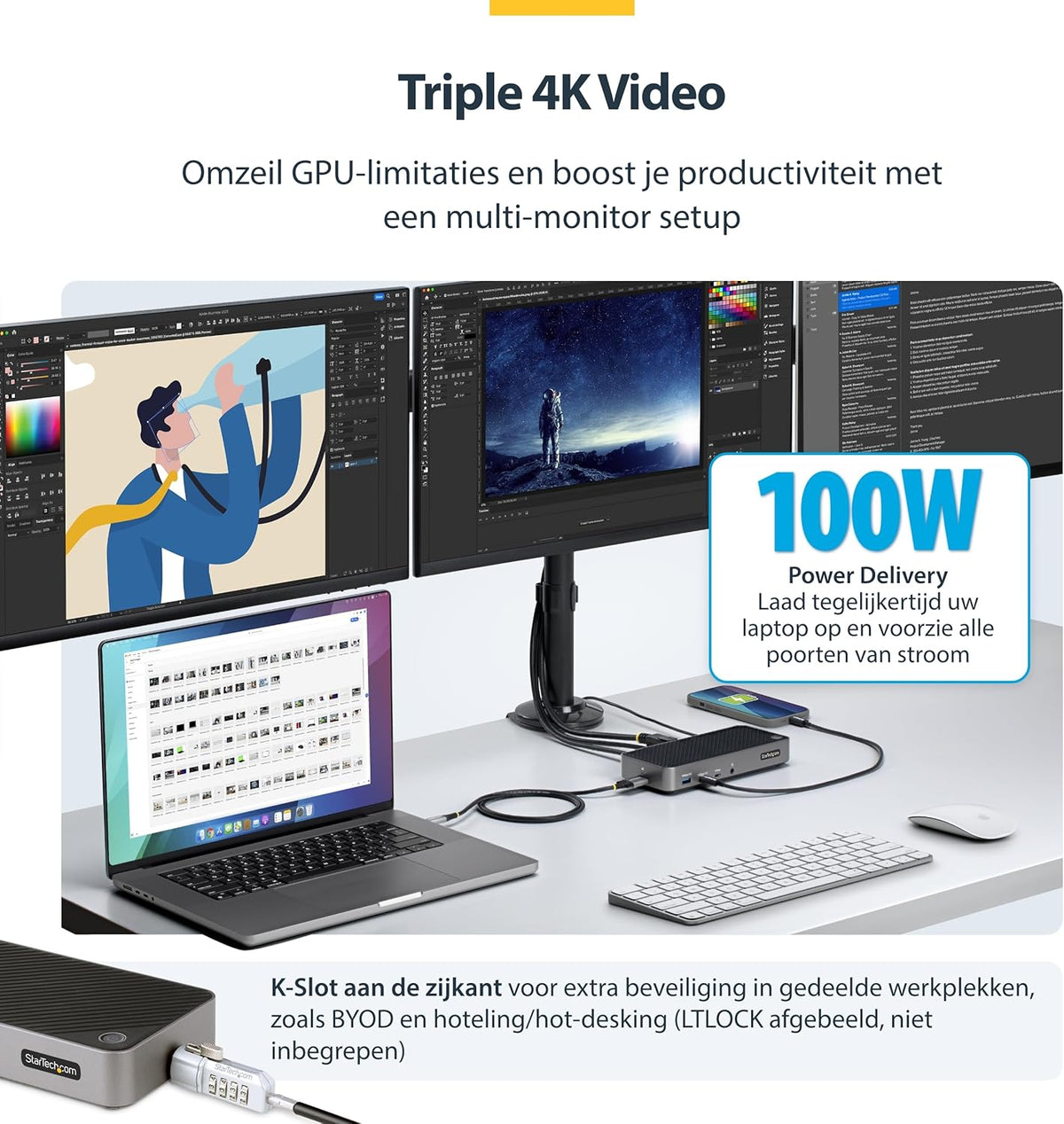StarTech USB-C Triple Monitor Docking Station - HDMI/DP Triple 4k Dock - 5x USB Hub - GbE - 100W PD - Universeel Multi Monitor Docking Station - Thunderbolt 3/4 Compatibel (116E-USBC-DOCK)