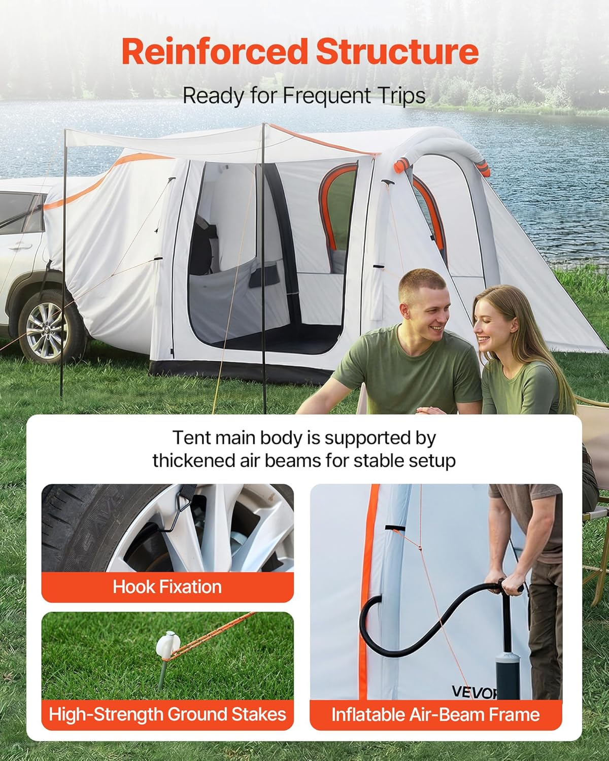 VEVOR Opblaasbare achterkleptent, autotent (2042+1020) x 2438 x 2020 mm, waterdicht (PU2000 mm), campingtent met geventileerde deuren en muggennetten, UV-achtertent voor kamperen, wandelen, incl