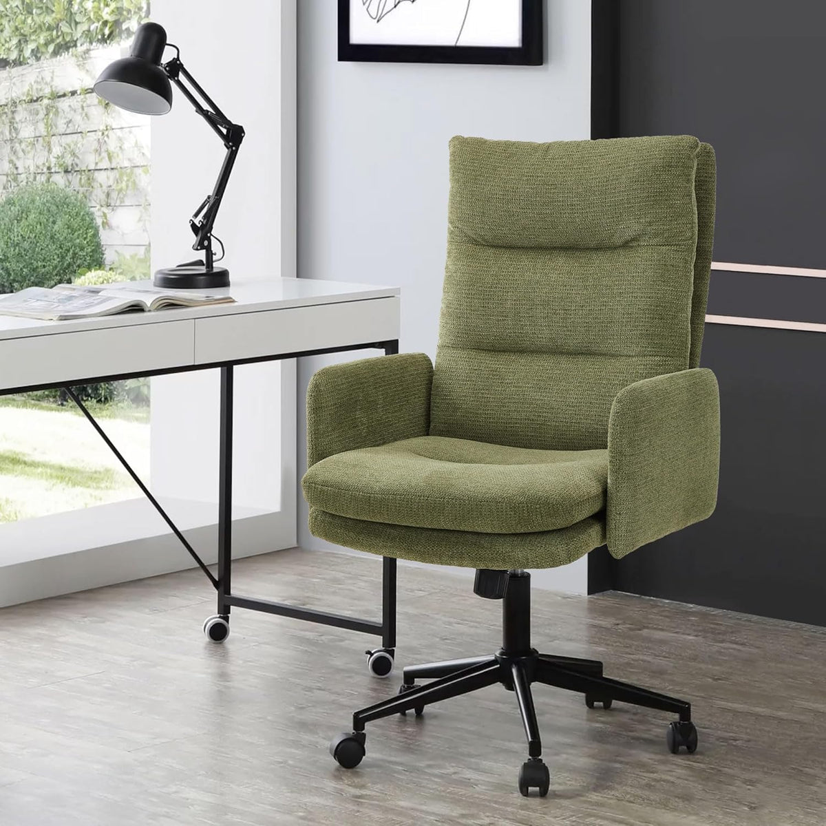 Bureaustoel – Bureaustoel Met Wieltjes – Bureaustoel Met Armleuningen – Ergonomische Bureaustoel – Draaibare Bureaustoel – Hoge Rugleuning – Verstelbare Zithoogte – Pluche Cashmere Bekleding Groen
