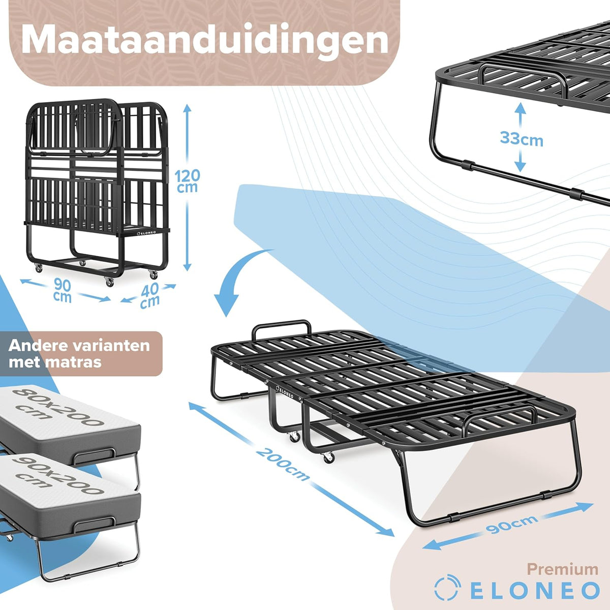 ELONEO Opklapbed 90x200 cm | Opvouwbaar logeerbed, belastbaar tot 250 kg | Opvouwbaar reisbed | Transportwielen | Beschermhoes