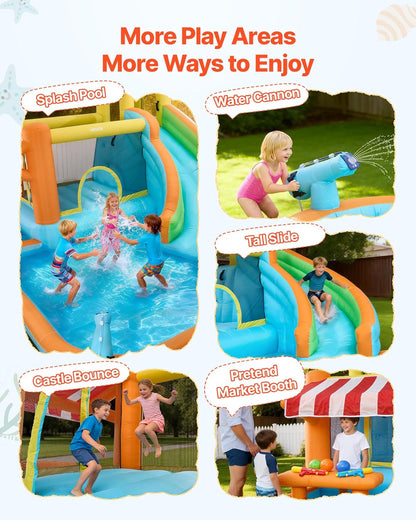 VEVOR Springhuis voor kinderen, opblaasbaar springhuis met luchtblazer, waterglijbaan, uitsmijterkasteel met kasteelspringers, hoge glijbaan, spatzwembad en pretend-marktstand, voor 3 tot 4 kinderen