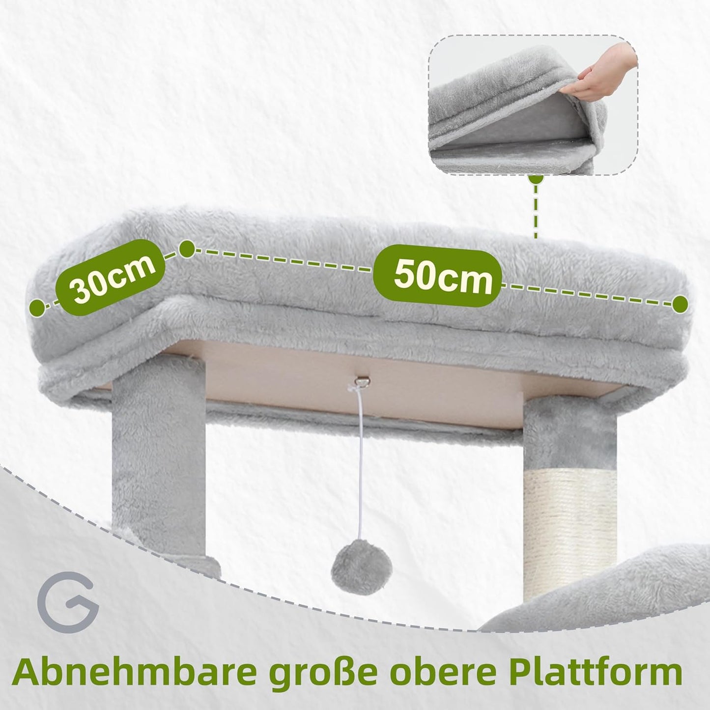 Krabpaal groot, kattenboom grote katten stabiel voor binnen, 200 cm kattenkrabpaal met ruime platforms, kattenholen, hangmat, sisalzuilen, lichtgrijs GCT031W
