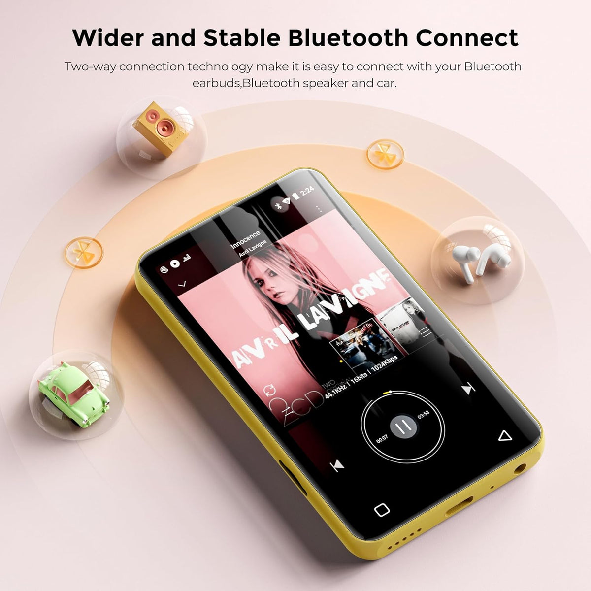 Innioasis Music Player with Bluetooth, WiFi, Spotify, Pandora, Amazon Music, 4-Inch Touchscreen, Libby, Audible, Audiobook (Black Gold) - QUORE
