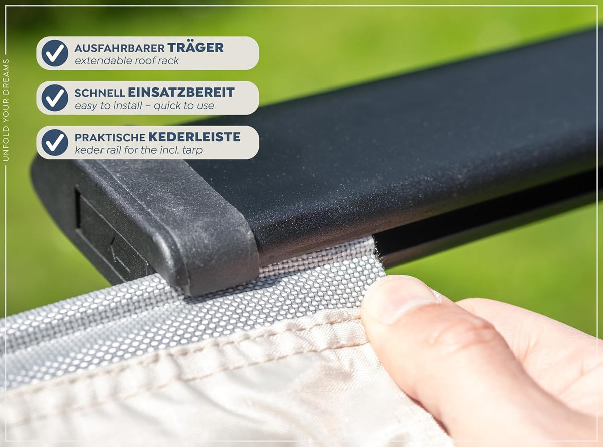 CampAir Autodakluifel met UV50+, zonnezeil met bies voor SUV, auto, bestelwagen en campingbussen, 2000 mm WS, incl. telescoopstangen en dakdragers, zwart, 6 kg