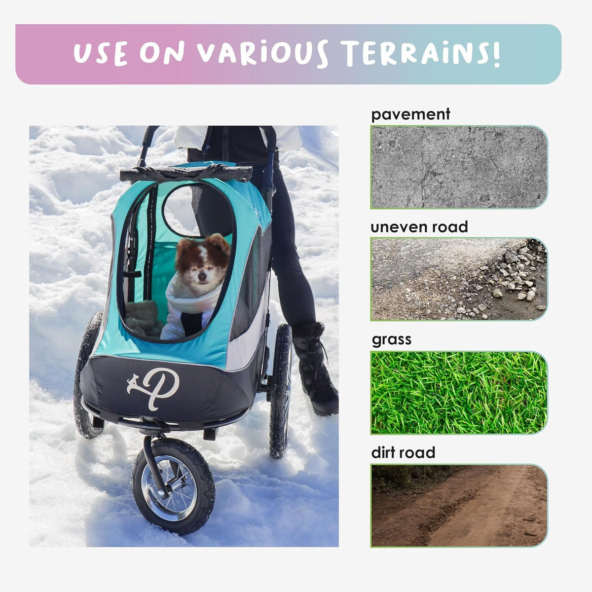 Petique Trailblazer Jogger Hondenwagen voor middelgrote honden & katten, luchtbanden, verstelbare handgreep, Pee Pad, 3 lijnen, regenhoes, fietsadapter - Kleur: Neptune