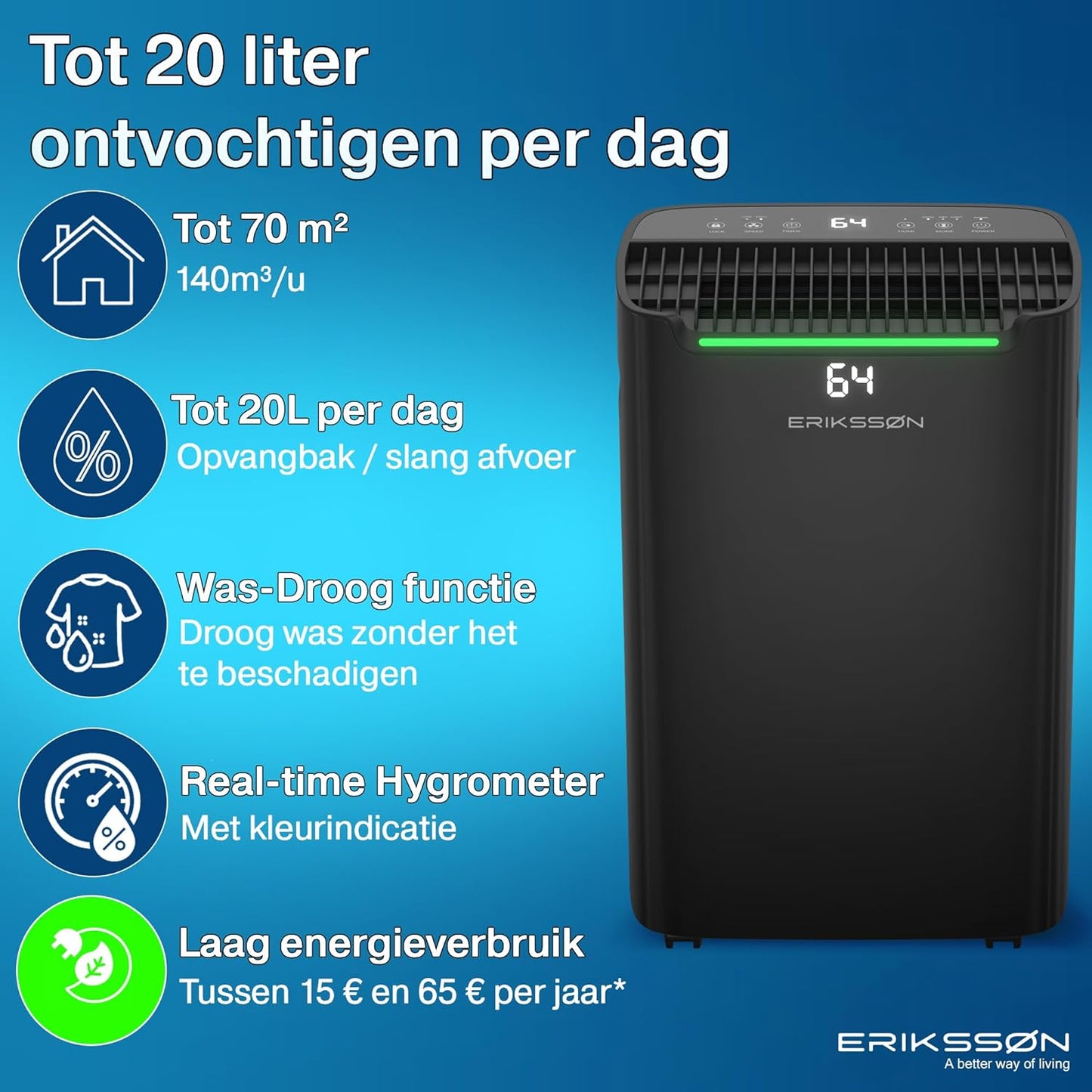 Luchtontvochtiger Dry Pro Plus - Ontvochtigt Tot 20 Liter Per Dag - Was-droog Functie - Geschikt Voor Slaapkamer, Badkamer, Woonkamer En Kelder - Dehumidifier - Zwart