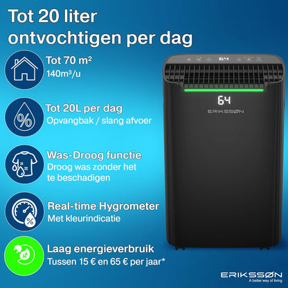Luchtontvochtiger Dry Pro Plus - Ontvochtigt Tot 20 Liter Per Dag - Was-droog Functie - Geschikt Voor Slaapkamer, Badkamer, Woonkamer En Kelder - Dehumidifier - Zwart