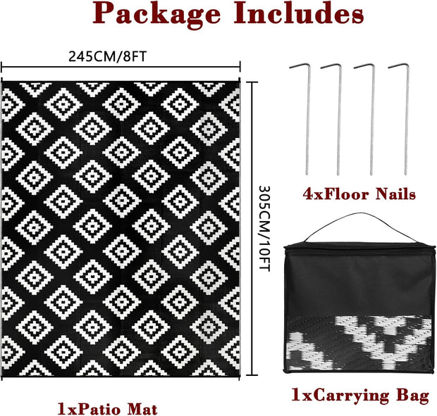 Buiten Vloerkleed - Buitenkleden - Buitentapijt - Opvouwbaar - UV-bestendig - Waterdicht - Buitenmatten - voor Buiten - Balkon - Strand - Picknick -Terras - Rechthoekig - 245 x 305 cm - Zwart