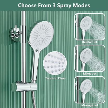 Douche Systeem – Doucheset – Regendouche – Handdouche – Douchekop – Glazen Plank – Eén Knop Bediening – Drie Instelbare Straalsoorten