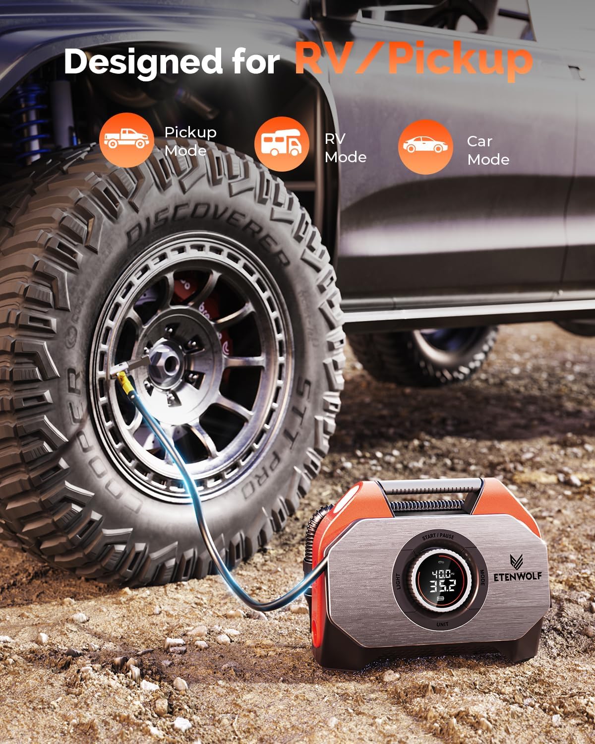 Luchtcompressor – Bandenpomp – Luchtpomp – Fietspomp – Draagbare Compressor – Draadloos Met 19200mAh Accu – 100% Duty Cycle Met Dubbel Cilindersysteem - QUORE