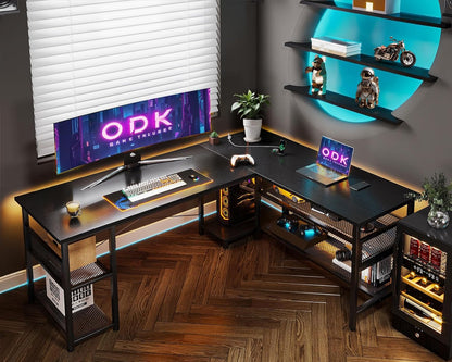 ODK Gaming tafel, L-vorm, omkeerbaar gaming bureau met 2 stopcontacten en 2 USB-laadpoorten, maximale organisatie en opbergruimte, zwart, 168 x 120 cm