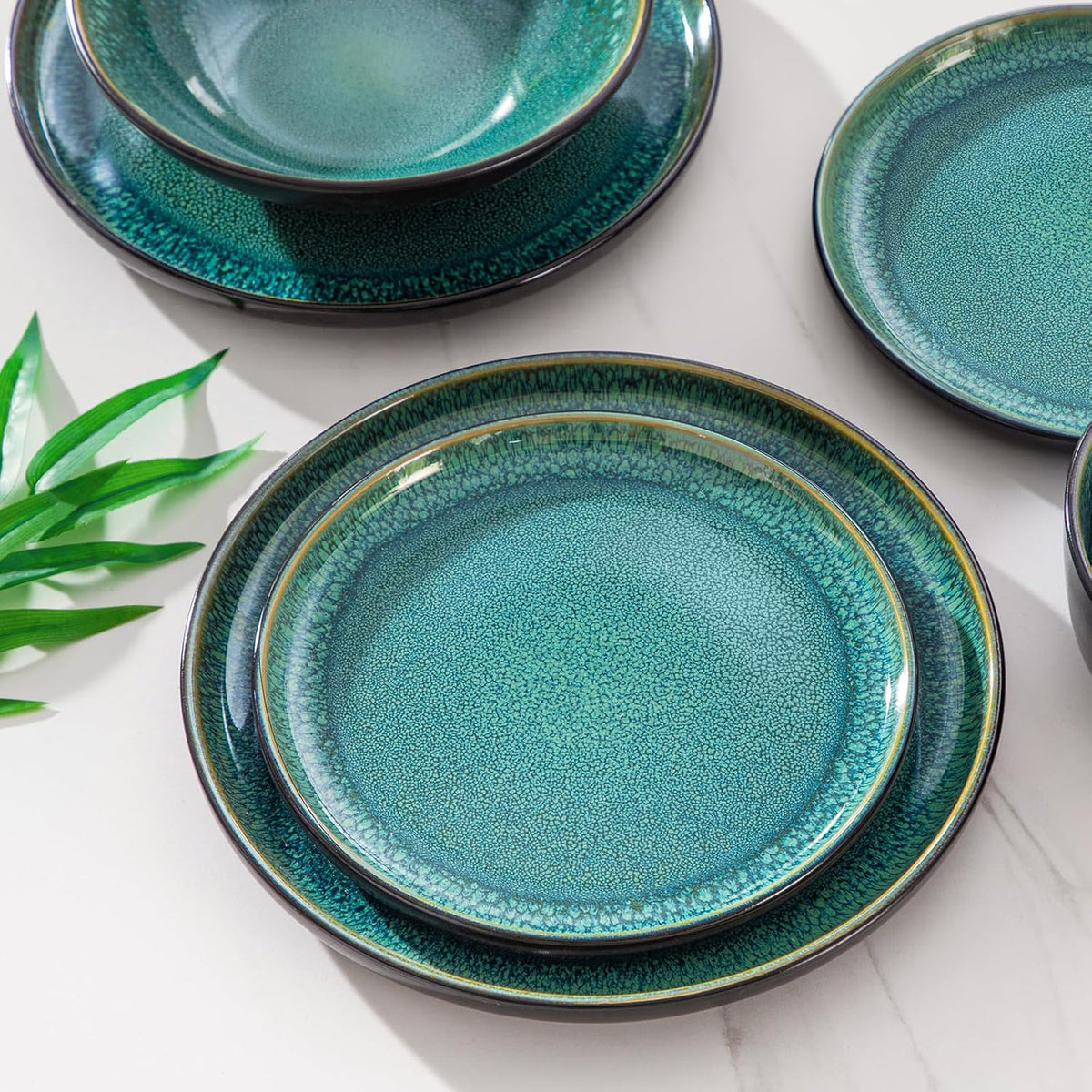 vancasso 24-delig eetservies, keramische borden en schalen set voor 6, mediterrane stijl diner sets in levendig groen, Playa serie eetservies set voor 6