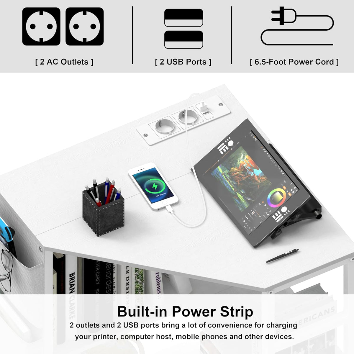 VEDECASA Witte printertafel, hoek printerstandaard 3-laags, printertafel met laadstation, printerstandaard op 2 stopcontacten en 2 USB-poorten, zijzakken, verstelbare voeten, CPU-standaardhouder voor