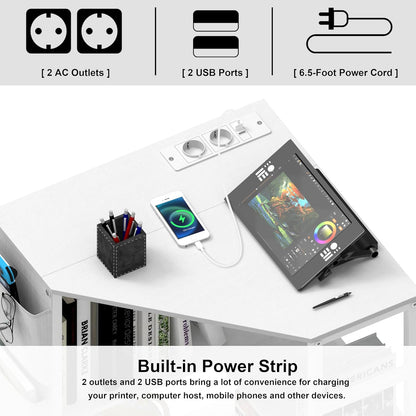 VEDECASA Witte printertafel, hoek printerstandaard 3-laags, printertafel met laadstation, printerstandaard op 2 stopcontacten en 2 USB-poorten, zijzakken, verstelbare voeten, CPU-standaardhouder voor