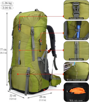 Wandelrugzak - Kampeertas - Trekking rugzak - Camping Essentials Tas - met Regenhoes - 70L - Lichtgewicht - Waterdichte - Nylon - Groente
