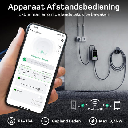dé EV Charger Type 2 met APP 3,7kW [10m, 1-Fase, 6-16A] Thuislader Type 2 Wit met Digitaal Display, Instelbare Stroom, EV Oplader 3,7kW voor Model Y/3, ID.3/4, EX30, Enyaq en andere EV/PHEV