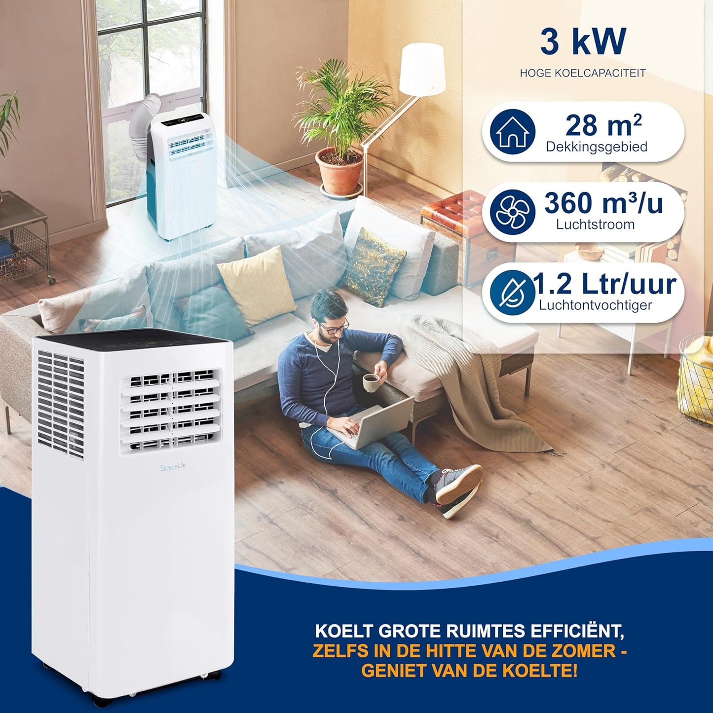 SereneLife Air Conditioner,Compacte Mobiele Airco,Draagbaar, Wifi Geactiveerde Airconditioner van 10K BTU met Ontvochtigings- en Ventilatorstanden voor Thuis,Kantoor en Commerciële Ruimtes tot 28 m2 - QUORE