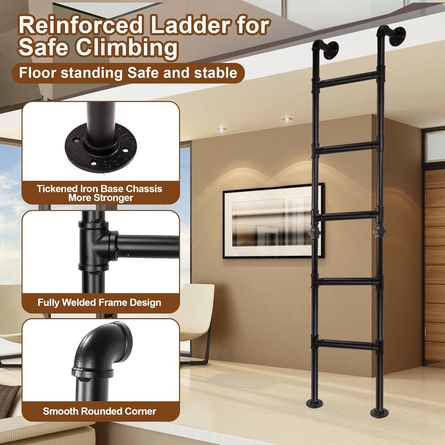 Stapelbedladder met 7 treden, van muur tot vloer, robuuste uitgangsladder voor kelderraam, klimladder voor zolder, slaapzaal, terras, maximale belasting 150 kg/215 cm