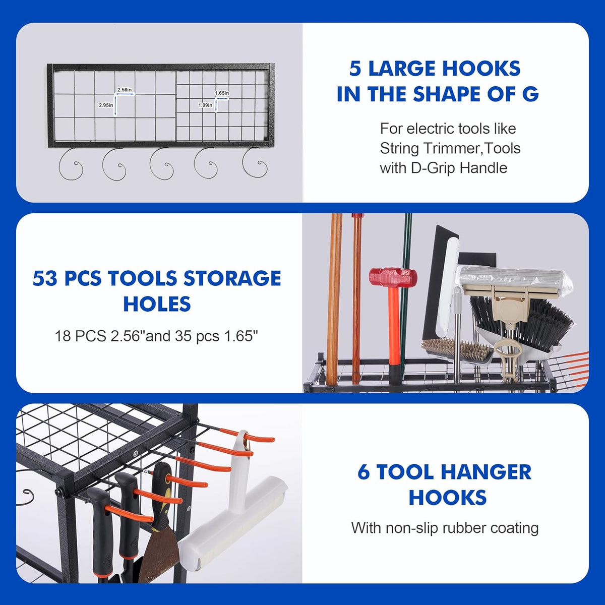 Tuingereedschap Opbergen - Gereedschapsorganizer - Tuingereedschapsrek - met Haken - Wielen - 3-tier Metalen Utility Planken - Opslag Houder - voor Gazon - Schuur - Garage - Tuin - 71 x 26.5 x 71.5 cm - Zwart