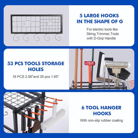 Tuingereedschap Opbergen - Gereedschapsorganizer - Tuingereedschapsrek - met Haken - Wielen - 3-tier Metalen Utility Planken - Opslag Houder - voor Gazon - Schuur - Garage - Tuin - 71 x 26.5 x 71.5 cm - Zwart