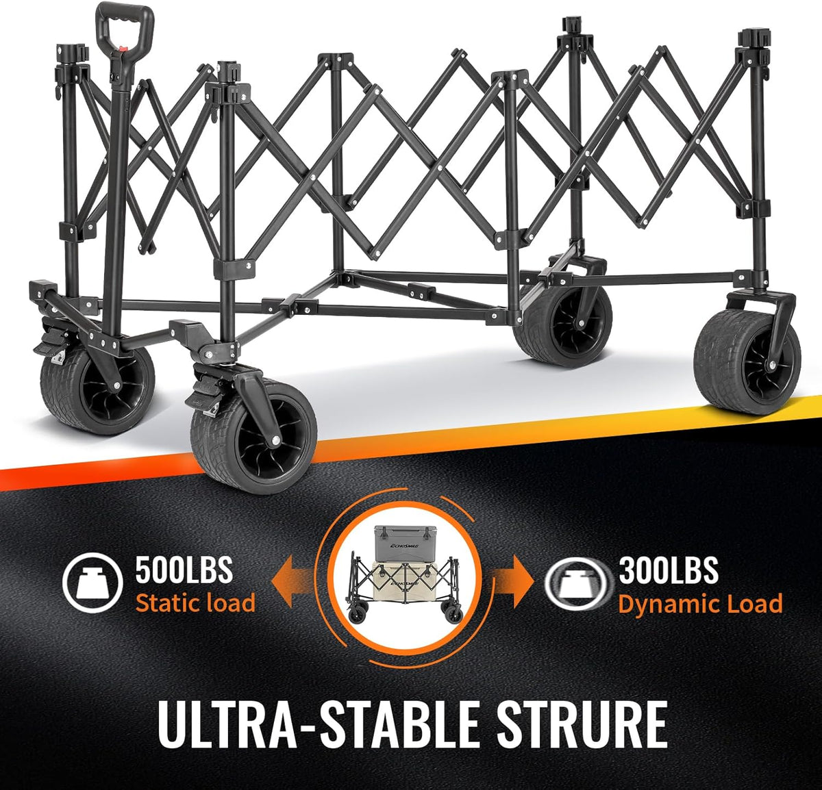 EchoSmile XXXXL Bolderkar, opvouwbaar, met 300 l, 227 kg belastbaar, strandwagen met grote wielen voor alle terreinen, draagbare winkelwagen, transportwagen met remmen, campingwagen voor buiten, zwart