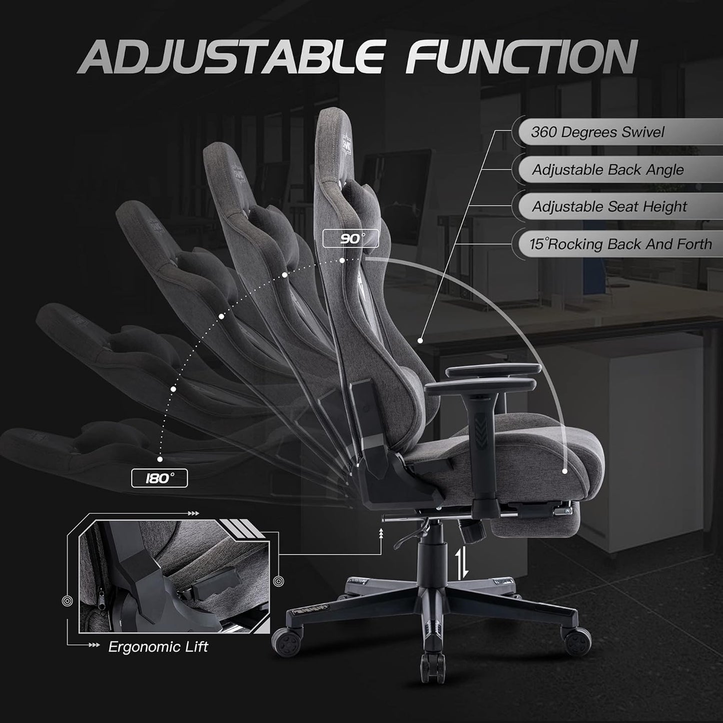 S*MAX Gamingstoel, stof, grijs, met voetensteun, verdikte stoel, 3D-armleuning, videospelstoelen met hoge rugleuning, ergonomische gamingstoel voor volwassenen